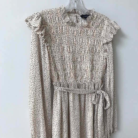 En Saison ANTHROPOLOGIE Dress Beige Metallic Smocked Belted XS Cottagecore - Picture 5 of 9